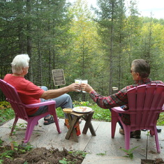 Jim and I toasting Bill at the cabin memorial site nicely put together by Cole Clements. 