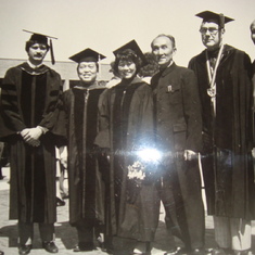 The President Mr. 肖敬若 with the delegation of three attending the graduation ceremony for the first two scholars receiving PhD degrees in the US since 1949.