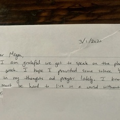 Sweet letter I received from Lyn's son, and our friend, Ross