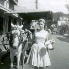Mom by a horse and carriage
