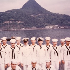 USS Kermit Roosevelt, 1952-53 - Sasebo, Japan. Bob on the far left.