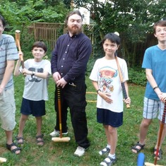 Brian with cousins at summer  picnic commemorating Grandpa Miller's would-be 100 year birthday and the Miller croquet tradition.