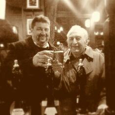 Cheers!  Adrian and Dad together at the Red Lion in Parliament Square, London.  November 2013