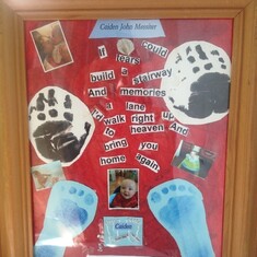Hand and foot prints but created this beautiful pic using his uligy from his funeral witch my dad created so this pic of caidens foot and handprints. 08/01/2022 you been gone 13 years HAPPYS