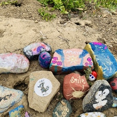 Memorial rocks painted by Brad, Jamie and Sam. Left with love at a rock gallery in Chino Hills, CA