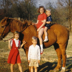 Janie, Ricky with cousin Joanie & Kenny on Blaze [Joanie's horse]