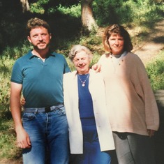 This was taken at a park in Berkeley.  We were at one of our family picknics Mom loved so much.  There she is with her two youngest, Grant and Robin Welling.  This must have been late 70's, early 80's.