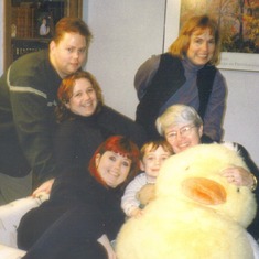 Carol, Celeste, Jennie, Emily, Ted and Conor (in the middle) with Daphne the giant duck (a gift from Grandma to Conor)