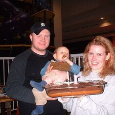 Celebrating Keegan's first birthday with Shawn at Summit Place Mall Jan 2005
