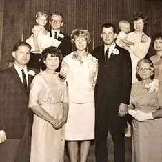 Grandmother Smith, Burton & Marjorie Bliss, Care & Max, Gan, Charlotte, Granddaddy Bliss.  Back Row: Darl holding Cheri; Corine holding Stan        -  Max & Care's wedding 1964