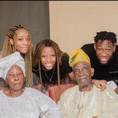 Dad + Mum with grandchildren - Ayooluwa, Nifemi & Nonye.