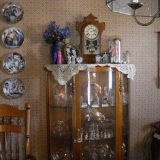 the curved glass hutch, depression glass, the tiny mouse wedding he helped buy me!