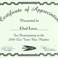 2000 Cert of Appreciation Bus Roadeo