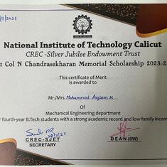 Certificate issued to the Winner of Lt Col N Chandrasekharan Memorial Scholarship  for 2023-24 