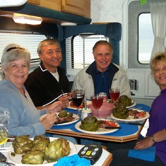 Dinner in truck camper with Kichi and Caryn Iwamoto, Kathi Partridge