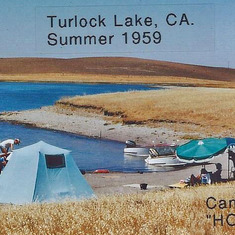 Camping on Turlock Lake, 1959. Chuck Cole's Ski Boat is just behind Ken Thompson's Ski Boat.