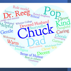 Heidi created this word cloud based on words most commonly used to describe Chuck in tributes from friends and family, both from this website and from cards mailed to Margo.