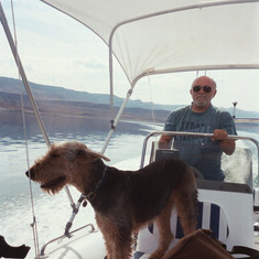 On lake mead with his boat and Wolfie, courtesy of Kemal