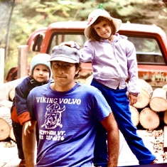 Annual wood cutting & stacking time on the homestead. Jemma, Charlie & Cedar, circa 1986