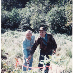 Chet and Cass, ribbon cutting for their New Bridge project, Beaver Pond, Little Bass Lake, 1993