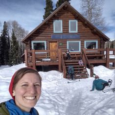 Sonia in front of Harry Gate's Hut, a 10th Mountain Division hut in CO