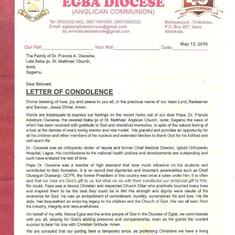 Letter of Condolence from Rt. Revd. Emmanuel O. Adekunle, Diocesan Bishop of Egba
