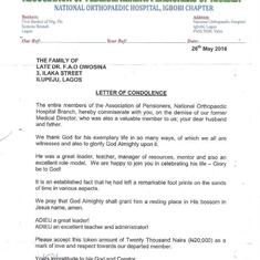 Letter of condolence from the Association of Federal Health Pensioners of Nigeria