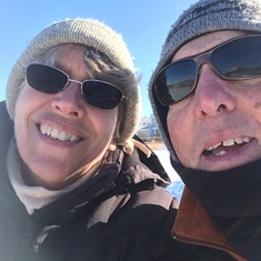 Cindy Williams and Chip all bundled up for sledding Jan. 2020