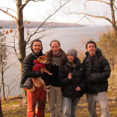 Winter 2012: Danfung holding Luca, John, Meimei, & Chris above Cayuga Lake near Bolton Point, photo taken by Minfong.