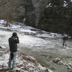 Chris taking a photo of his father walking in Cascadilla Gorge, winter 2012.