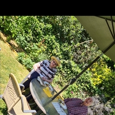 Chris and tessa, eating lunch in the garden. June 2020 