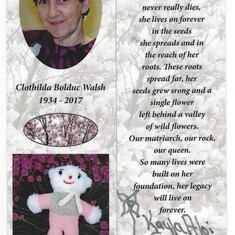 Mom's Memorial Card.  This is what Kayla Aloi My Mom 's granddaughter wrote to put on her memorial cards.  My niece has such great insight & an  understanding of  her Grandmother.  Kayla captured her Granny's spirit and wrote this with deep thoughts