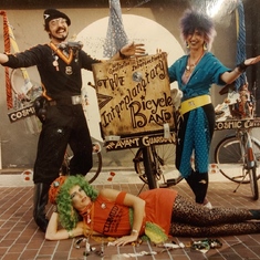 Our maiden voyage, Little Toyko, downtown L.A. 1984.  Signs all carved by Casey.  Notice his cock-a-punk-a-teil, Que Sera, who was always on his shoulder.