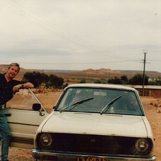 Con at Coober Pedy, South Australia on way to live at Mimili and our car that proved unsuitable for the bush tracks