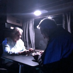 Bob & Mom playing cards on the long drive cross country