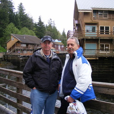 Dan and Gary freezing in Ketchikan and waiting while Marcia and Alicia shop.