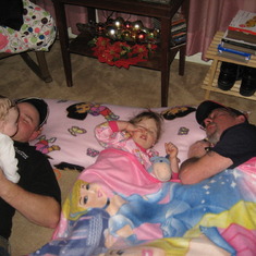 Brian, Destiny, Alana and Special Grandpa, pretending to sleep on Alana's new pillow