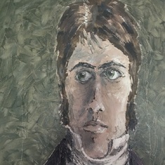 He was 14 years old, wearing a black ‘T’. He gave this self portrait to me & signed in the hair highlight. I will always treasure this special painting.