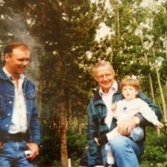 Grandpa Harder with Curtis  Harder (Dale) at Tahkini Hotsprings Birthday for Bruce June - Doug Eby watching. '93