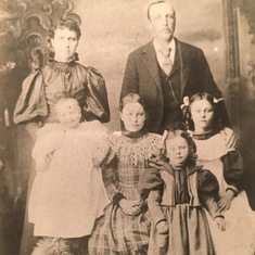 Moyer (Grace Luce's) family in 1898: Grace Luce was David's Mother. Standing: Catherine William Moyer, William Henry Moyer. Children: Baby-Paul Moyer, Elizabeth, Gertrude, and in Leah in front. Grace was born three years later (in 1901).