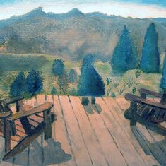 View from Vermont cabin deck, before railing, painted by Joe Zelvin