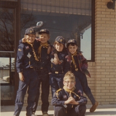 In front of Hardee's with Cub Scouts circa 1975. From left to right: Billy Martin, Myself, Dave, Chris Blake and Mathew Watts (seated).