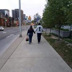 Ruth and Dave walking towards Joseph Brant Hosp. The morning of Dave"s surgery.