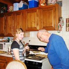 Grandaughter Melody makes Grandpa pancakes.