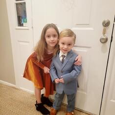 Your grandkids Emma Joan and PJ all dressed up for a night out :)
