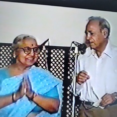 Nirmala Taiji being introduced as Babaji's bahu at Babaji's 100th Birthday, Smarika Vimochan