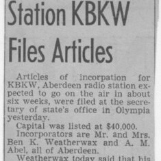 Dick's first job after college 1949. Radio Station KBKW in Aberdeen, WA.  Aberdeen Daily World 1949-07-05.  When asked when he could start, Dick replied, "How about in 29 minutes?"