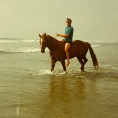 Dick riding Joe at Del Mar Beach - 1970