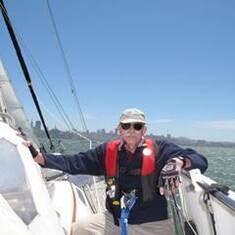 Dick sailing on Scappatella in the San Francisco Bay. 