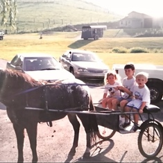 Dokken driving pony cart with sister, Sarah and cousin, Jesse